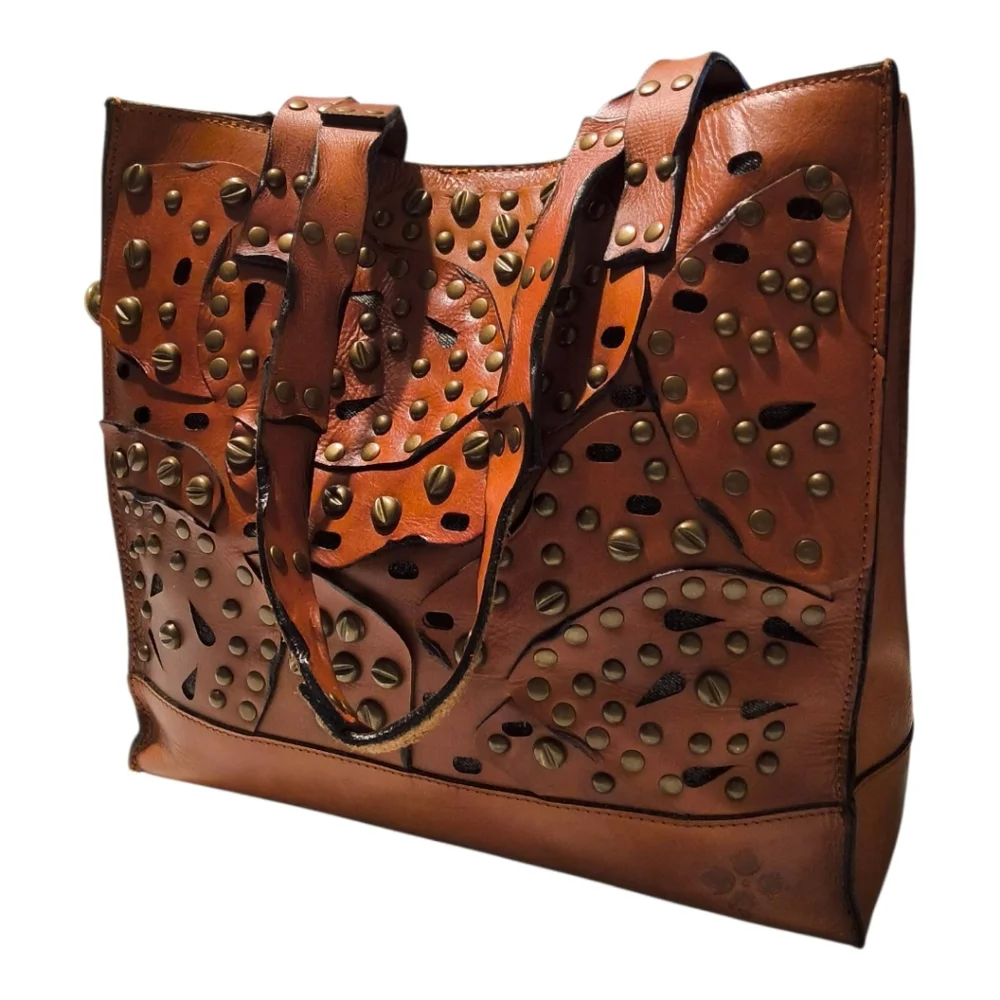 Patricia Nash Studded Link Perforated Toscano Tote Bag in Cognac Brown EUC - Picture 3 of 16